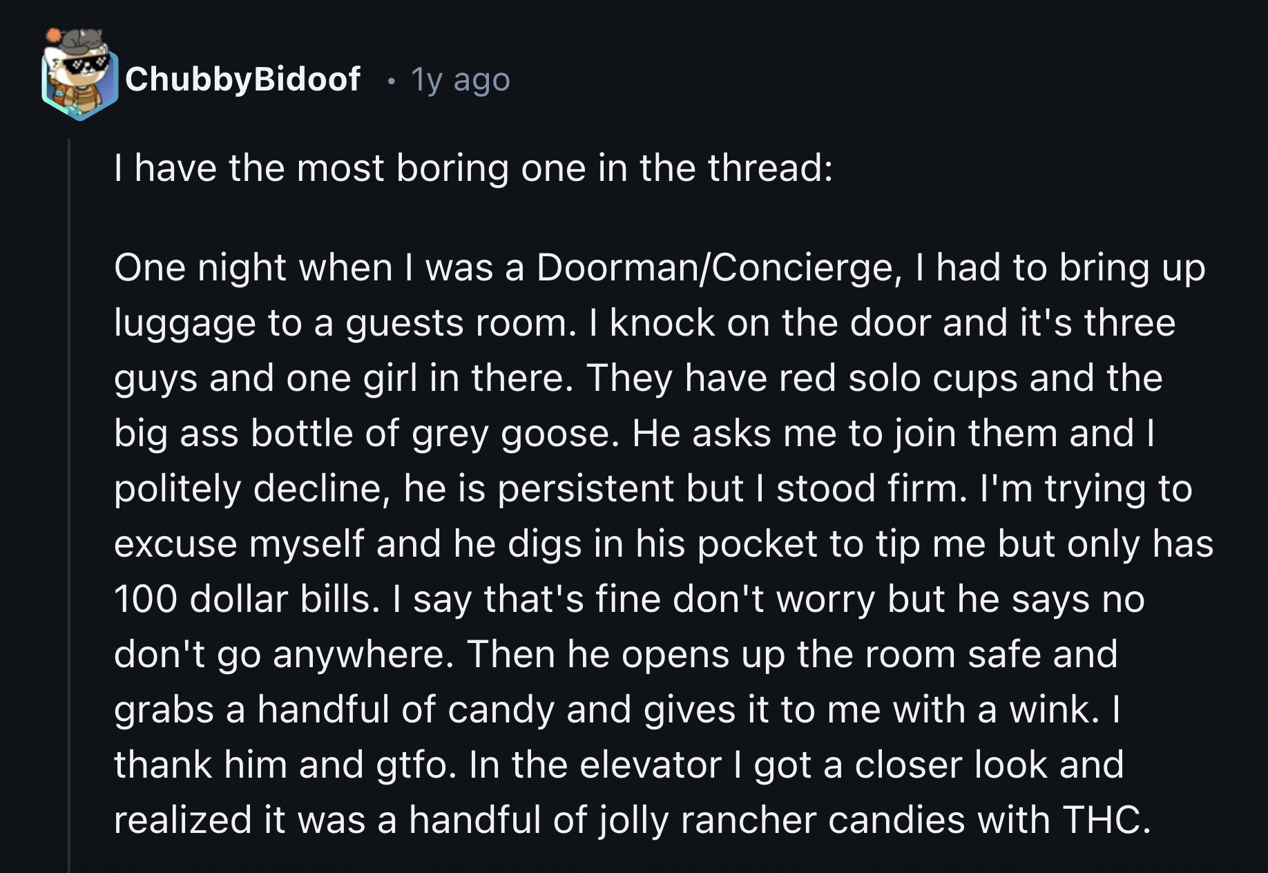 compare and contrast short paragraph examples - ChubbyBidoof 1y ago I have the most boring one in the thread One night when I was a DoormanConcierge, I had to bring up luggage to a guests room. I knock on the door and it's three guys and one girl in there